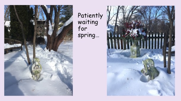dog with basket of flowers statue in snow feb. 2018
